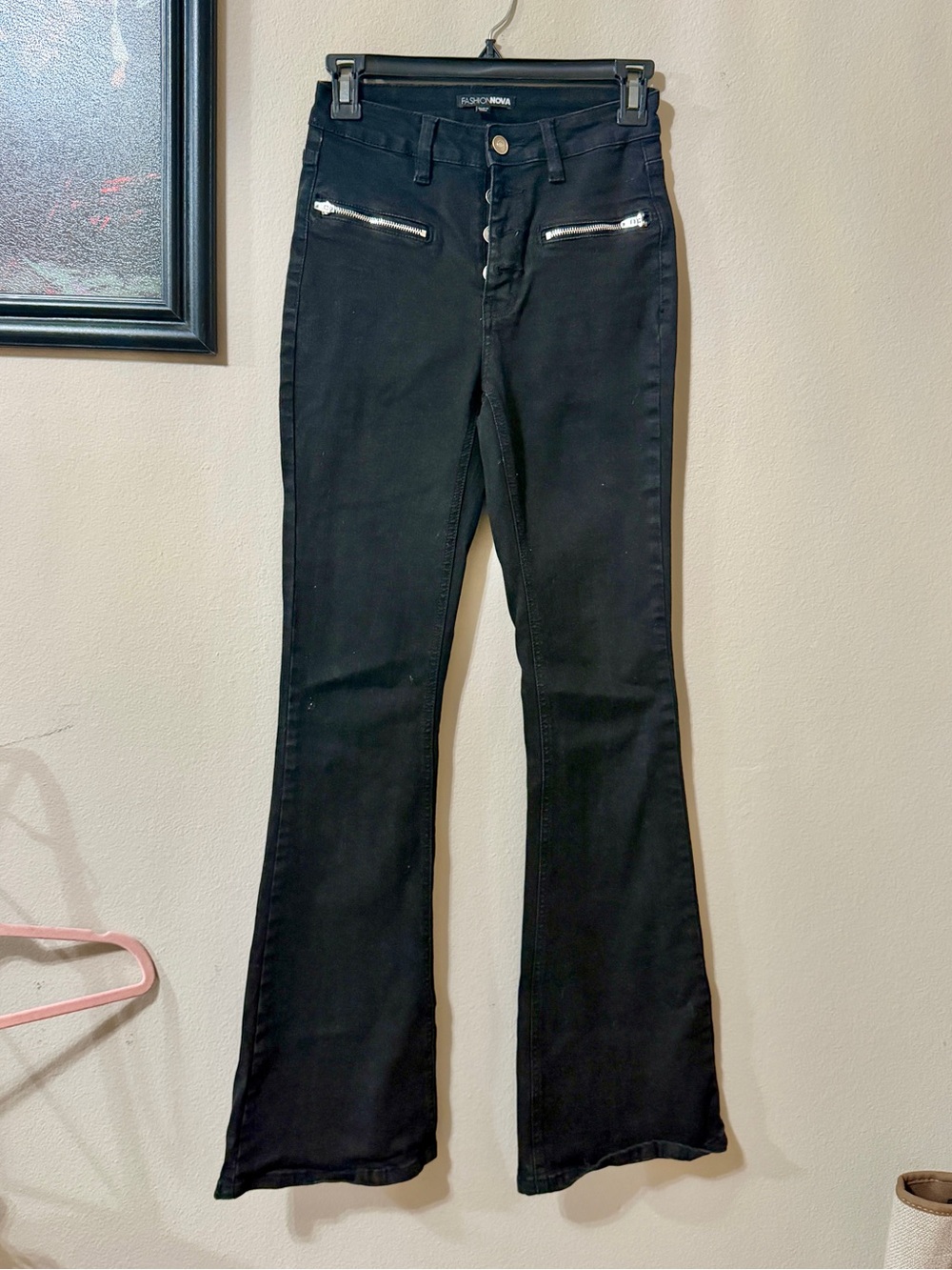 Fashion Nova Black Flared Jeans with Front Zip Pockets